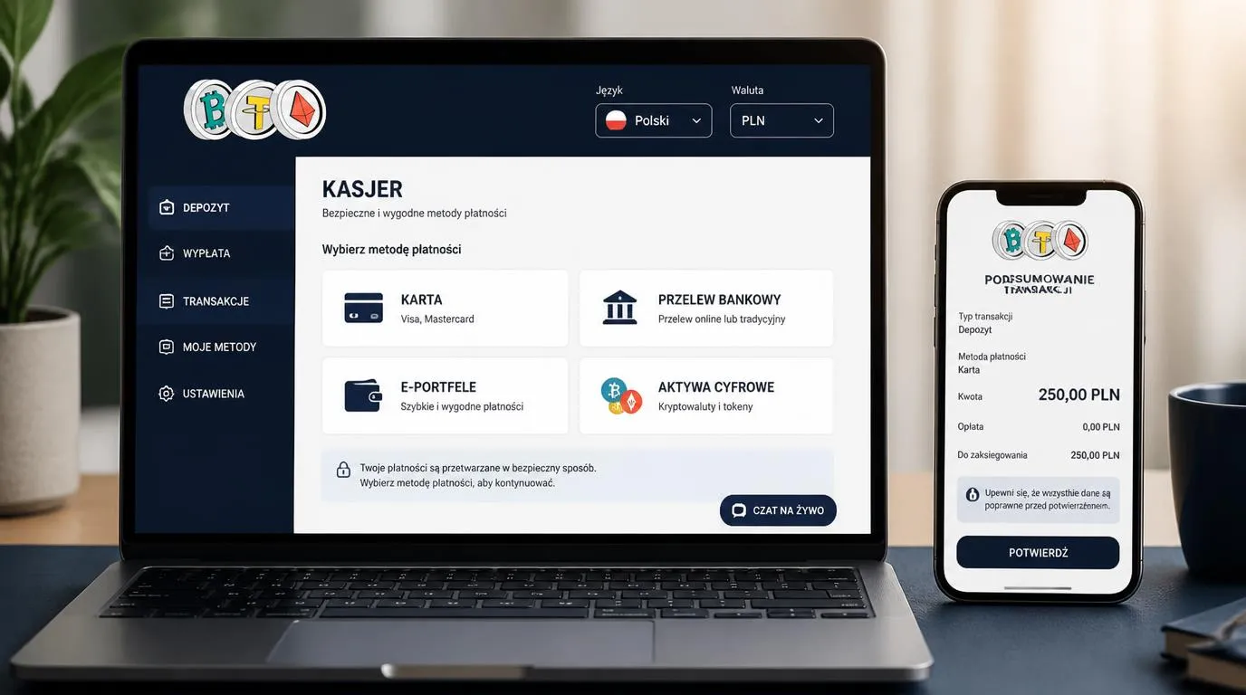 Panel kasyna z wyborem języka polskiego, PLN, metody płatności i dostępem do czatu