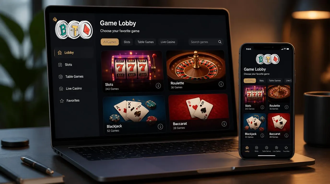 Ekran kasyna z kafelkami automatów, ruletki i blackjacka oraz filtrami kategorii gier