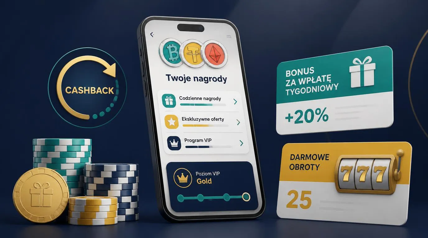 Telefon z widokiem nagród tygodniowych obok żetonów i kart symbolizujących darmowe spiny